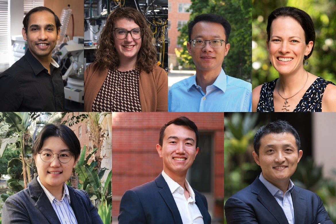 Composite portrait of UCLA researchers Soumitra Athavale, Victoria Barber, Hao Cao, Lindsay De Biase, Yue Li, Yuzhang Li and Yue Dong, faculty members whose projects received support through a W.M. Keck Foundation grant for early-career research