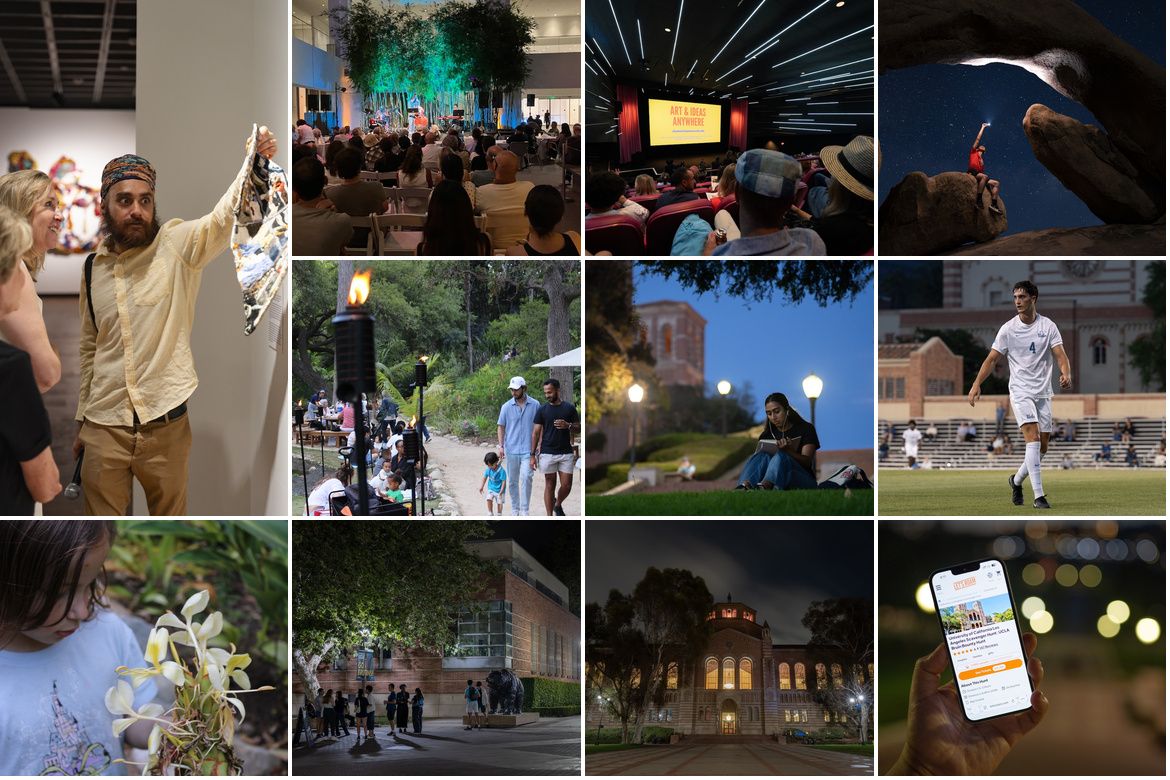 Collage of UCLA summer evenings featuring museum visitors, jazz and film audiences, botanical garden families, a student relaxing on a lawn, a soccer player, a campus tour, illuminated Powell Library, a scavenger hunt and Joshua Tree stargazing.